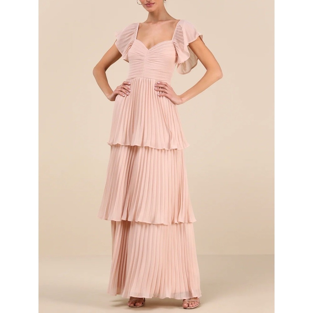 NWT Lulus Notorious Charm Blush Pink Pleated Flutter Sleeve Maxi Dress S